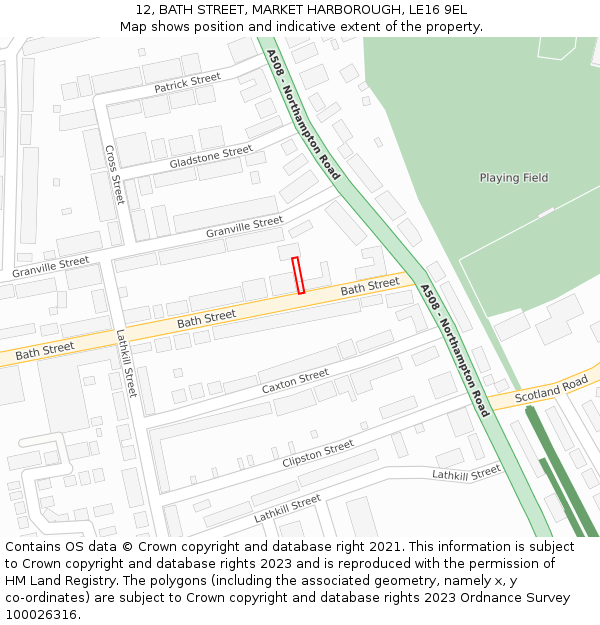 12, BATH STREET, MARKET HARBOROUGH, LE16 9EL: Location map and indicative extent of plot