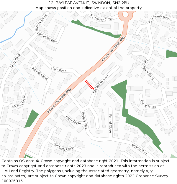12, BAYLEAF AVENUE, SWINDON, SN2 2RU: Location map and indicative extent of plot