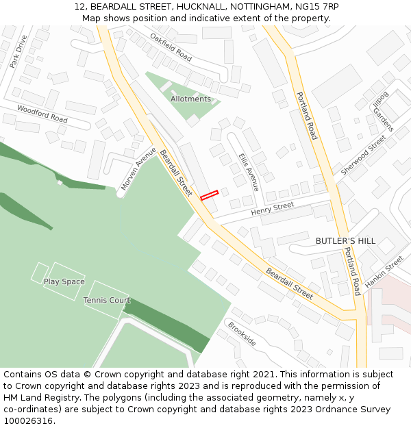 12, BEARDALL STREET, HUCKNALL, NOTTINGHAM, NG15 7RP: Location map and indicative extent of plot