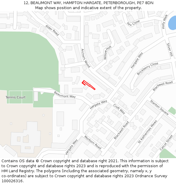12, BEAUMONT WAY, HAMPTON HARGATE, PETERBOROUGH, PE7 8DN: Location map and indicative extent of plot