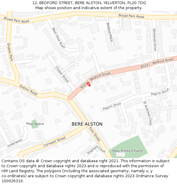 12, BEDFORD STREET, BERE ALSTON, YELVERTON, PL20 7DG: Location map and indicative extent of plot