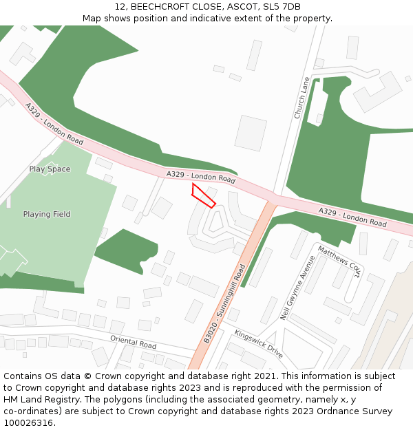 12, BEECHCROFT CLOSE, ASCOT, SL5 7DB: Location map and indicative extent of plot