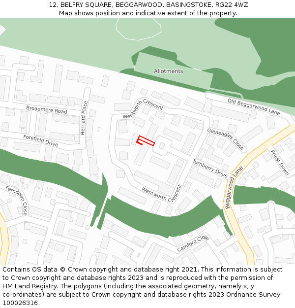 12, BELFRY SQUARE, BEGGARWOOD, BASINGSTOKE, RG22 4WZ: Location map and indicative extent of plot