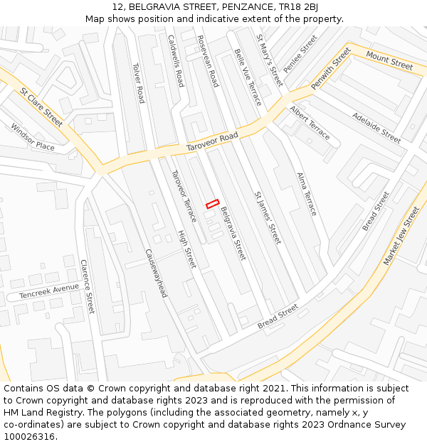 12, BELGRAVIA STREET, PENZANCE, TR18 2BJ: Location map and indicative extent of plot