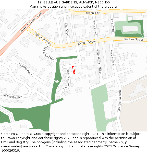 12, BELLE VUE GARDENS, ALNWICK, NE66 1XX: Location map and indicative extent of plot