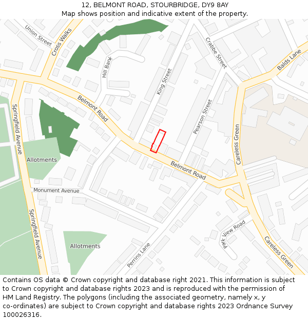 12, BELMONT ROAD, STOURBRIDGE, DY9 8AY: Location map and indicative extent of plot