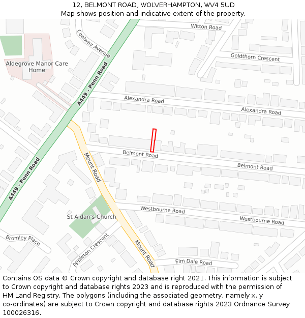 12, BELMONT ROAD, WOLVERHAMPTON, WV4 5UD: Location map and indicative extent of plot