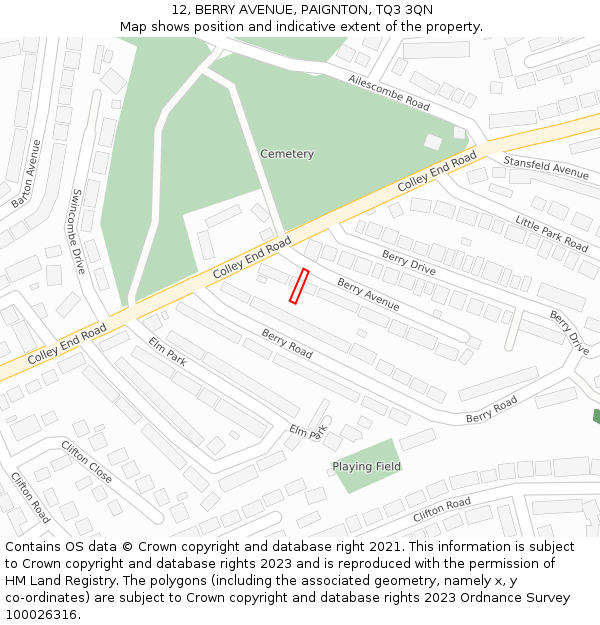 12, BERRY AVENUE, PAIGNTON, TQ3 3QN: Location map and indicative extent of plot