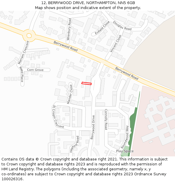 12, BERRYWOOD DRIVE, NORTHAMPTON, NN5 6GB: Location map and indicative extent of plot