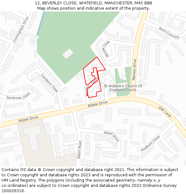 12, BEVERLEY CLOSE, WHITEFIELD, MANCHESTER, M45 8BB: Location map and indicative extent of plot