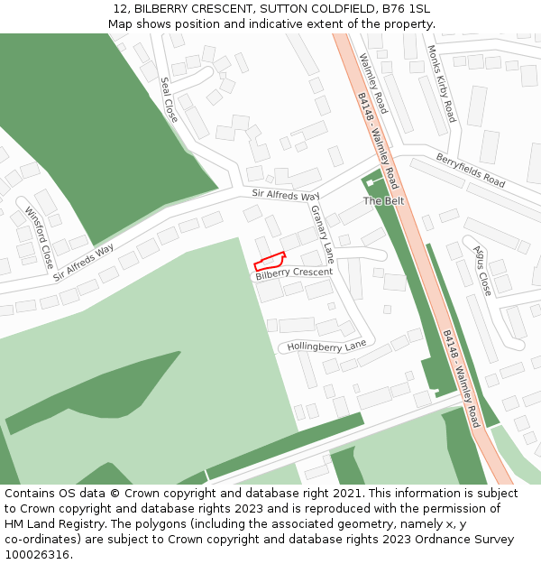 12, BILBERRY CRESCENT, SUTTON COLDFIELD, B76 1SL: Location map and indicative extent of plot
