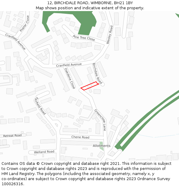 12, BIRCHDALE ROAD, WIMBORNE, BH21 1BY: Location map and indicative extent of plot