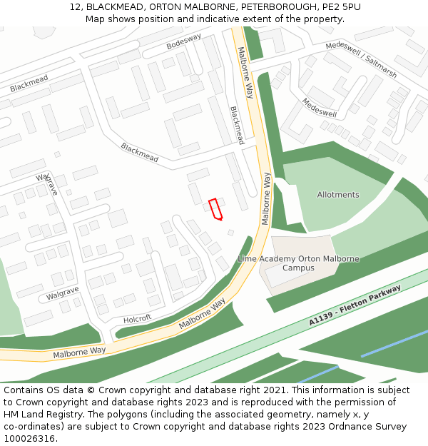 12, BLACKMEAD, ORTON MALBORNE, PETERBOROUGH, PE2 5PU: Location map and indicative extent of plot