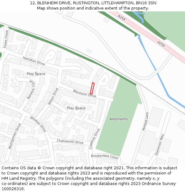 12, BLENHEIM DRIVE, RUSTINGTON, LITTLEHAMPTON, BN16 3SN: Location map and indicative extent of plot