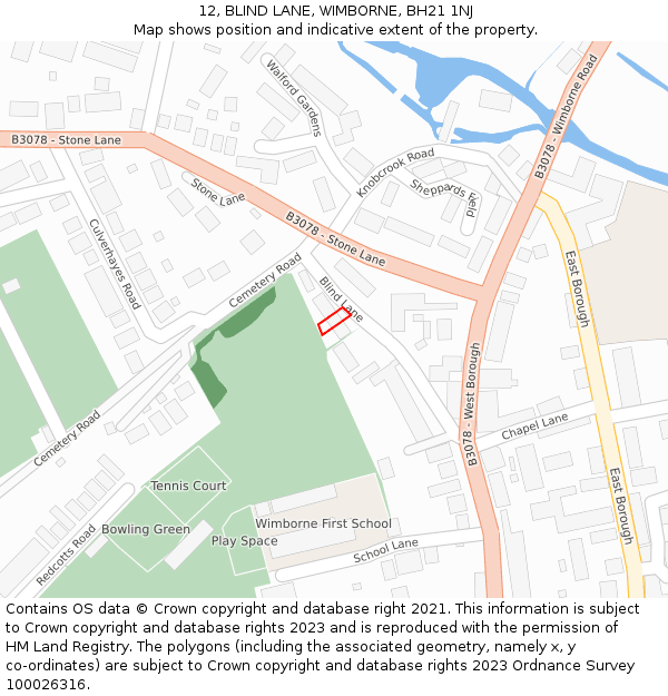 12, BLIND LANE, WIMBORNE, BH21 1NJ: Location map and indicative extent of plot