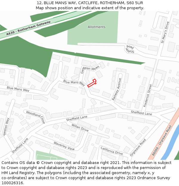 12, BLUE MANS WAY, CATCLIFFE, ROTHERHAM, S60 5UR: Location map and indicative extent of plot
