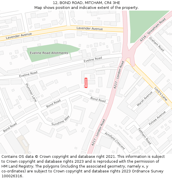 12, BOND ROAD, MITCHAM, CR4 3HE: Location map and indicative extent of plot