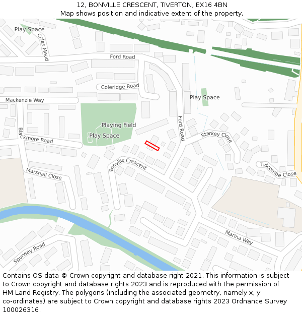 12, BONVILLE CRESCENT, TIVERTON, EX16 4BN: Location map and indicative extent of plot