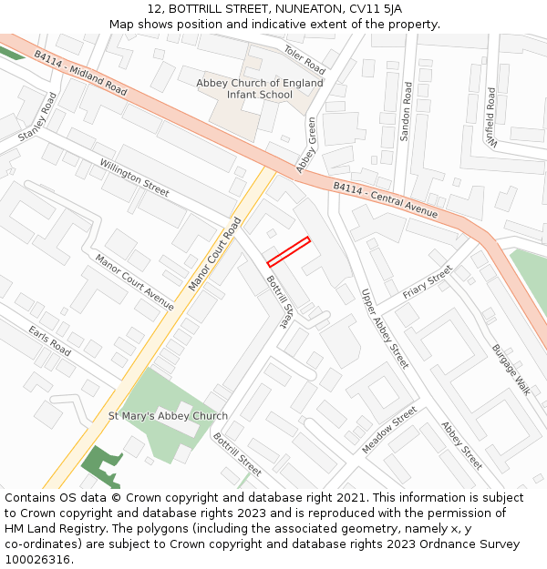 12, BOTTRILL STREET, NUNEATON, CV11 5JA: Location map and indicative extent of plot