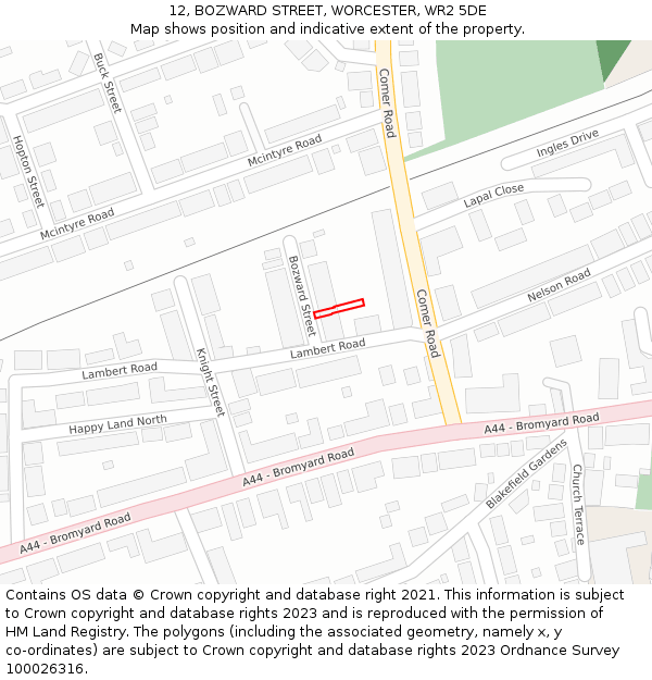 12, BOZWARD STREET, WORCESTER, WR2 5DE: Location map and indicative extent of plot