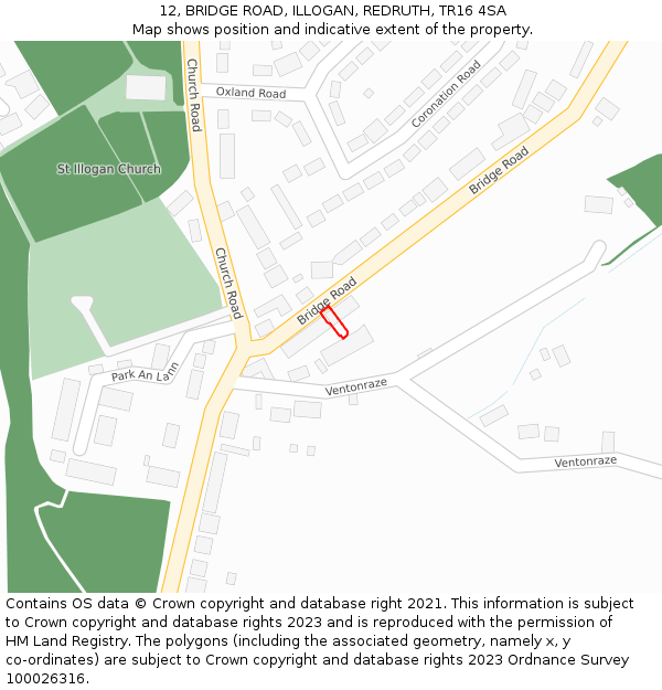 12, BRIDGE ROAD, ILLOGAN, REDRUTH, TR16 4SA: Location map and indicative extent of plot