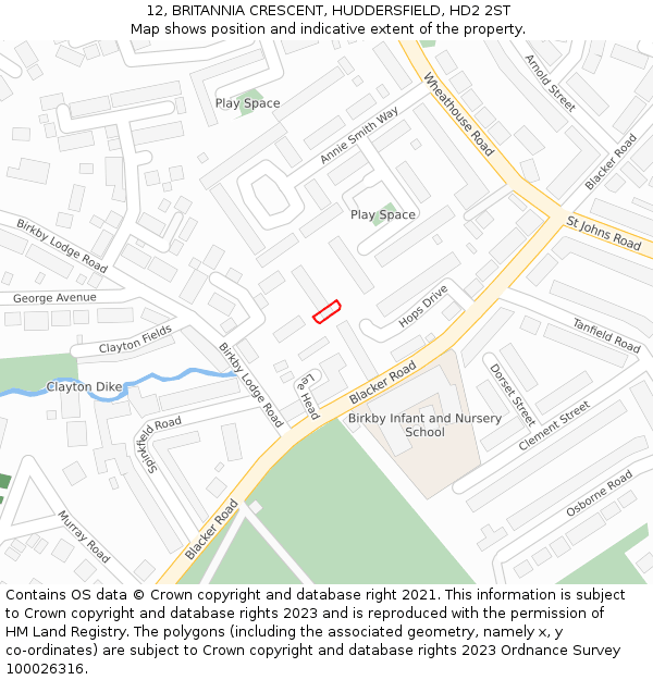 12, BRITANNIA CRESCENT, HUDDERSFIELD, HD2 2ST: Location map and indicative extent of plot