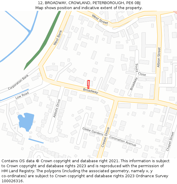 12, BROADWAY, CROWLAND, PETERBOROUGH, PE6 0BJ: Location map and indicative extent of plot