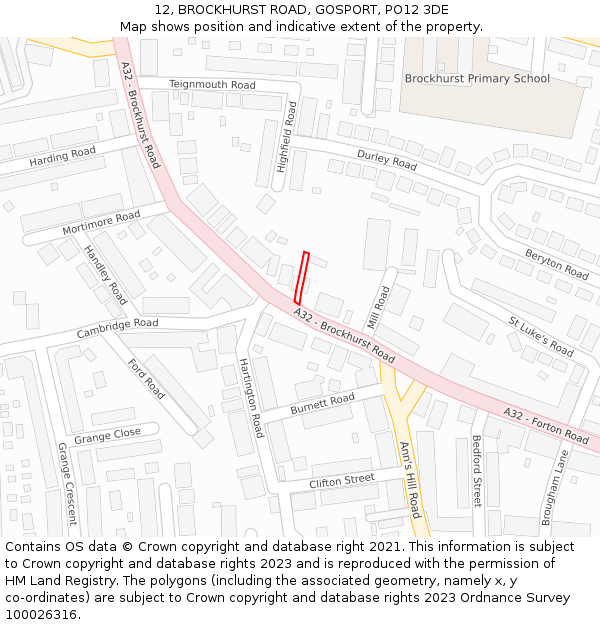 12, BROCKHURST ROAD, GOSPORT, PO12 3DE: Location map and indicative extent of plot