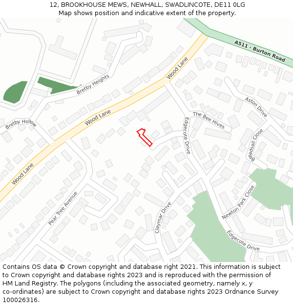 12, BROOKHOUSE MEWS, NEWHALL, SWADLINCOTE, DE11 0LG: Location map and indicative extent of plot