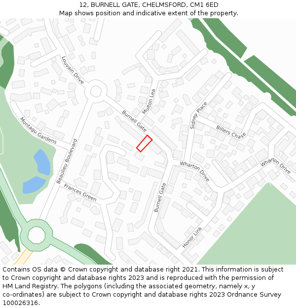 12, BURNELL GATE, CHELMSFORD, CM1 6ED: Location map and indicative extent of plot