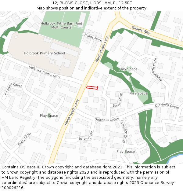 12, BURNS CLOSE, HORSHAM, RH12 5PE: Location map and indicative extent of plot