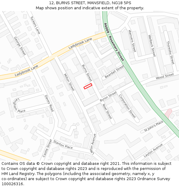 12, BURNS STREET, MANSFIELD, NG18 5PS: Location map and indicative extent of plot