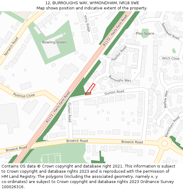 12, BURROUGHS WAY, WYMONDHAM, NR18 0WE: Location map and indicative extent of plot