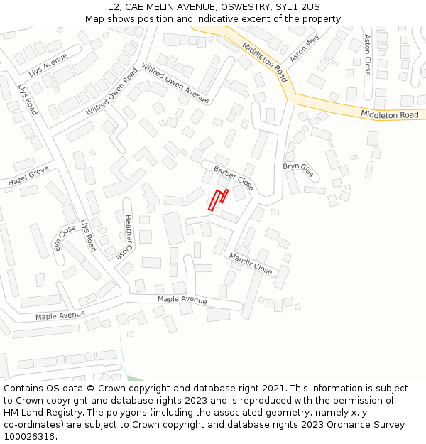 12, CAE MELIN AVENUE, OSWESTRY, SY11 2US: Location map and indicative extent of plot