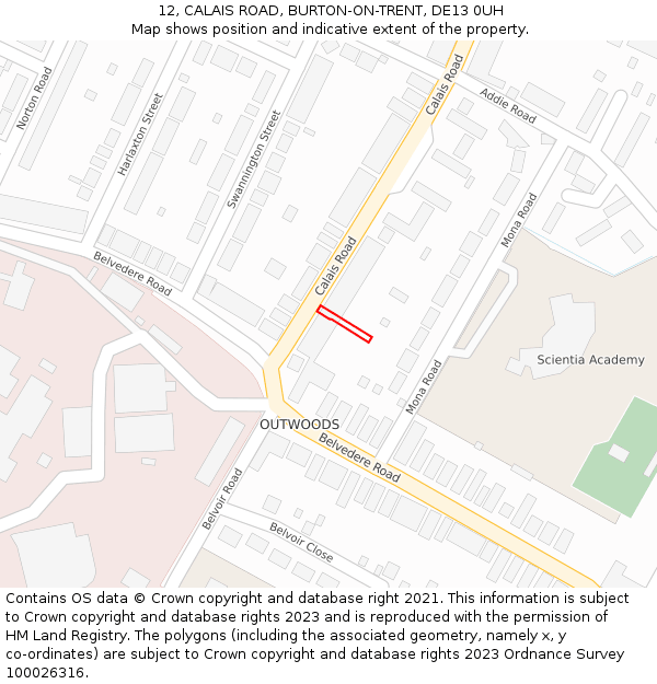 12, CALAIS ROAD, BURTON-ON-TRENT, DE13 0UH: Location map and indicative extent of plot