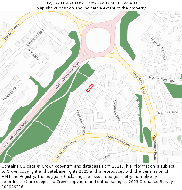 12, CALLEVA CLOSE, BASINGSTOKE, RG22 4TD: Location map and indicative extent of plot