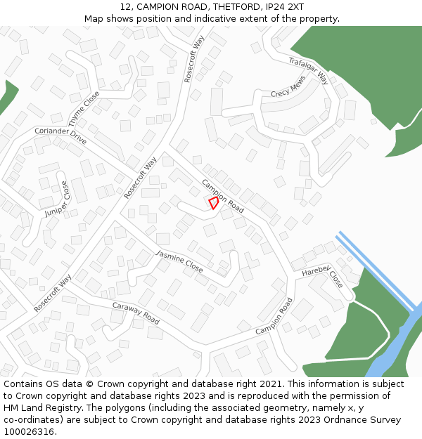 12, CAMPION ROAD, THETFORD, IP24 2XT: Location map and indicative extent of plot