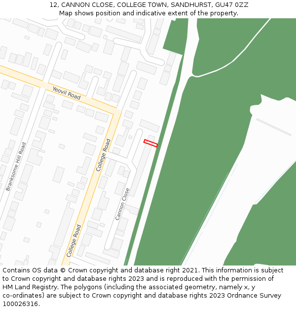 12, CANNON CLOSE, COLLEGE TOWN, SANDHURST, GU47 0ZZ: Location map and indicative extent of plot