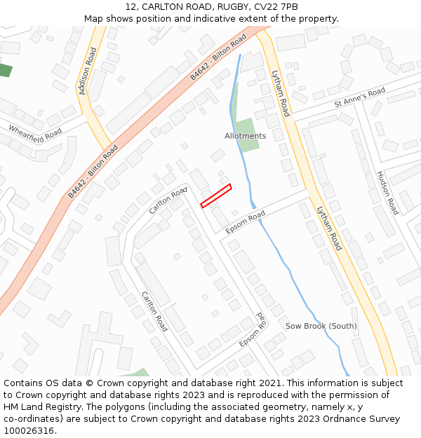 12, CARLTON ROAD, RUGBY, CV22 7PB: Location map and indicative extent of plot