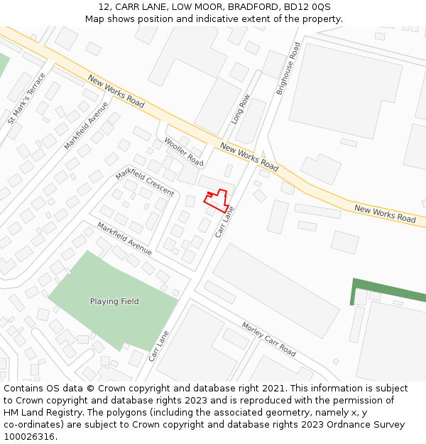 12, CARR LANE, LOW MOOR, BRADFORD, BD12 0QS: Location map and indicative extent of plot