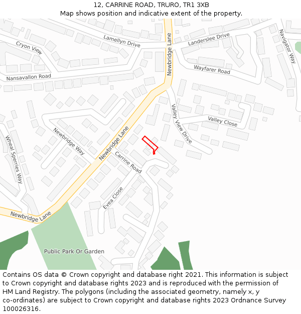 12, CARRINE ROAD, TRURO, TR1 3XB: Location map and indicative extent of plot
