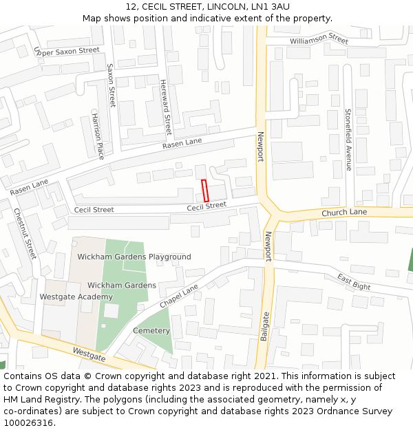 12, CECIL STREET, LINCOLN, LN1 3AU: Location map and indicative extent of plot