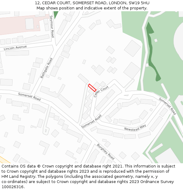 12, CEDAR COURT, SOMERSET ROAD, LONDON, SW19 5HU: Location map and indicative extent of plot