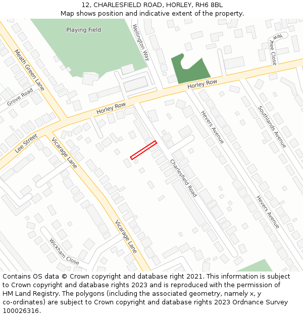 12, CHARLESFIELD ROAD, HORLEY, RH6 8BL: Location map and indicative extent of plot