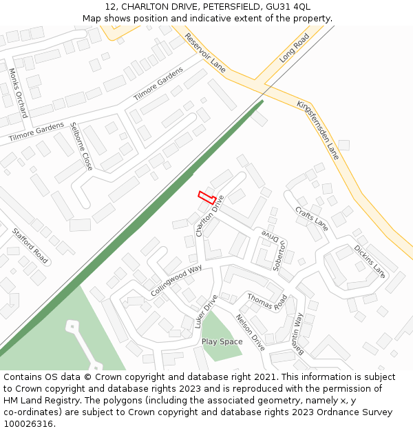 12, CHARLTON DRIVE, PETERSFIELD, GU31 4QL: Location map and indicative extent of plot