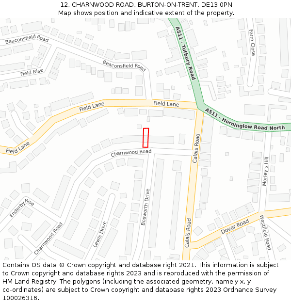 12, CHARNWOOD ROAD, BURTON-ON-TRENT, DE13 0PN: Location map and indicative extent of plot
