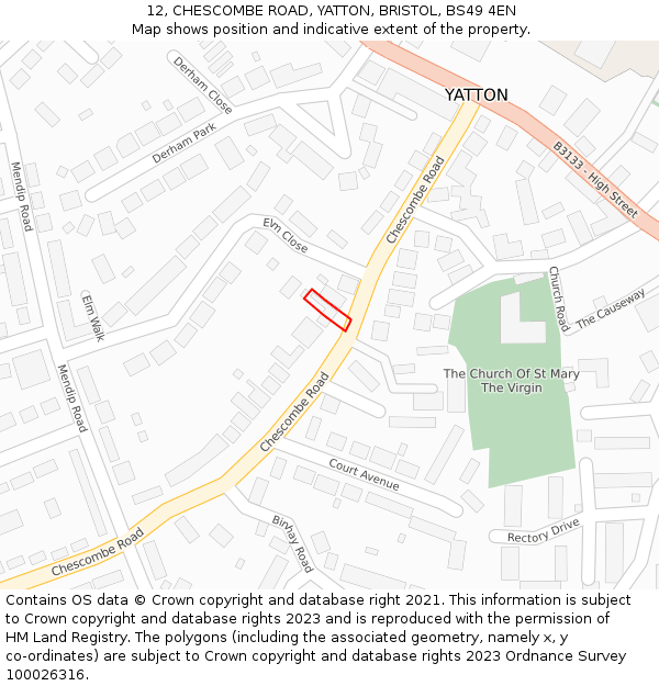 12, CHESCOMBE ROAD, YATTON, BRISTOL, BS49 4EN: Location map and indicative extent of plot