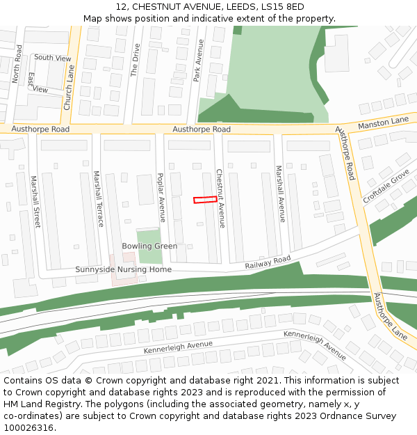 12, CHESTNUT AVENUE, LEEDS, LS15 8ED: Location map and indicative extent of plot