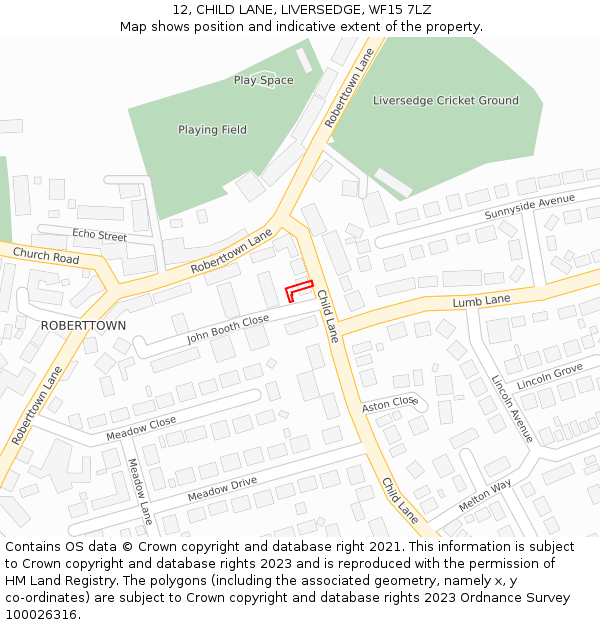 12, CHILD LANE, LIVERSEDGE, WF15 7LZ: Location map and indicative extent of plot