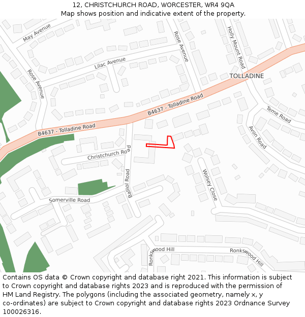 12, CHRISTCHURCH ROAD, WORCESTER, WR4 9QA: Location map and indicative extent of plot